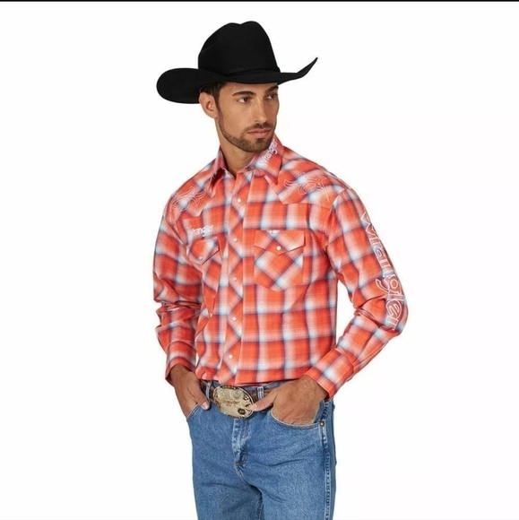 Wrangler® Logo Orange Plaid Long Sleeve Snap Shirt MP1323M Sz L - Picture 1 of 13